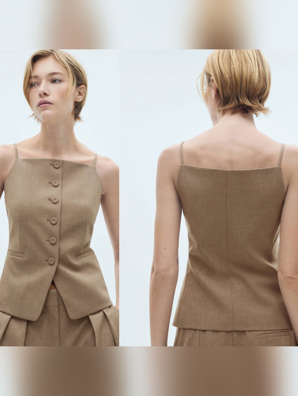 Mango Tan Button-Front Spaghetti Strap Top